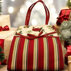 Longaberger Holiday Striped Gift Bag Holiday Botanical Print Canvas Small Tote - Picture 1 of 12