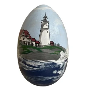 Arte popular ruso de colección pintado a mano huevo faro océano agua paisaje escenas - Imagen 1 de 6