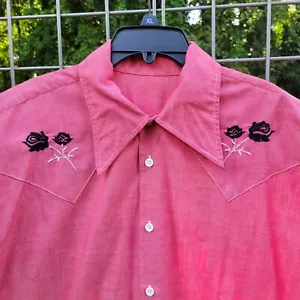 Vintage 1970s Soft Red Black Roses Embroidered Western Button Up Shirt Size L 46 - Picture 1 of 8