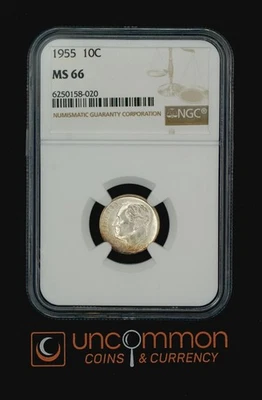 1955 Roosevelt Dime MS 66 by NGC.  Toning occurring on Obverse & Reverse - Image 1 of 2