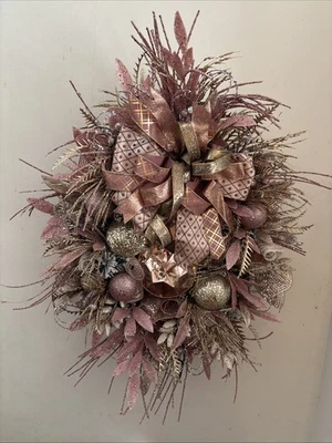 XL Elegant Rose Gold and Gold Christmas Wreath with Ornaments and Jewels - Image 1 of 3