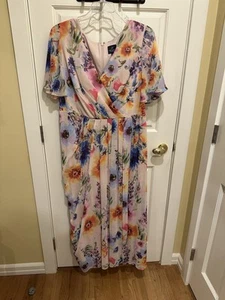 ADRIANNA PAPELL Floral Chiffon Faux Wrap Dress - Pink Multi, Size 18W - Picture 1 of 5
