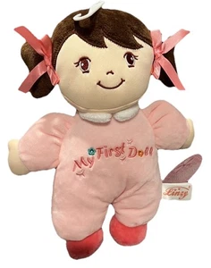 Peluche Linzy Baby ricamato la mia prima bambola capelli castani rosa fiocchi peluche nuovo - Foto 1 di 7
