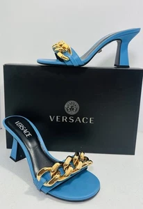 Versace Runway Sandalen blau Chunky Chain Metallic Kitten Comma Heels Gr. 38 - Bild 1 von 14