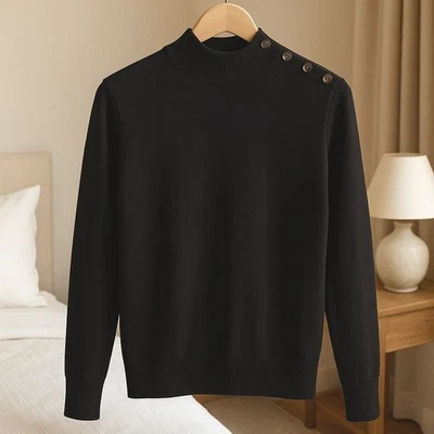 Suéter Ann Taylor Petite Negro Cuello Simulado Manga Larga Botón Hombro Foto 1 de 3