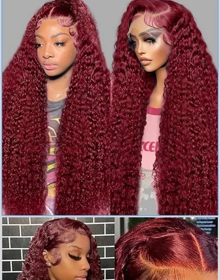 Peluca Borgoña Cabello Humano Onda de Agua 99J Borgoña Encaje Frontal Pelucas Cabello Humano Foto 1 de 2