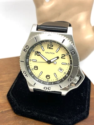 Nautica Men's Watch N10091 Quartz Beige Dial Date Black Leather Band 44mm - Image 1 of 4