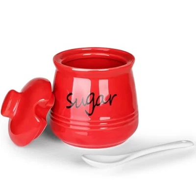  Tigela de açúcar 12 oz com tampa e colher, frasco de açúcar de cerâmica dispensador de açúcar vermelho açúcar - Imagem 1 de 4
