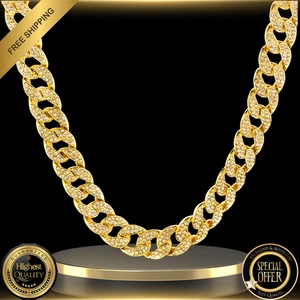 Collana catena cubana lusso tono oro 14 carati diamanti ghiacciati zirconi 24" gioielli hip hop - Foto 1 di 8