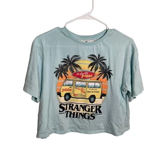 H&M Stranger Things T-Shirt Girl's 20 170 Graphic Tee Cropped Surfer Boy Pizza - Picture 1 of 8