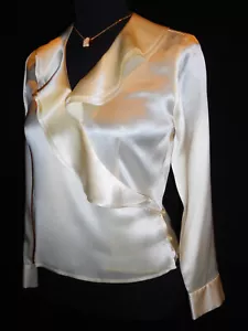 4P Silk Satin Blouse Ivory Ecru Ruffle Surplice Blouse Petite Sophisticates - Picture 1 of 9