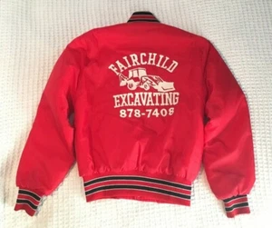 Vtg 80s Fairchild Excavating Red Jacket Small Women Diane USA Nylon Halloway - Picture 1 of 12