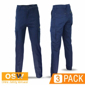 3 x Mens NAVY Cotton Stretch Slim Elastic Cuffed Tradies Cargo Work Pants 3377 - Foto 1 di 4