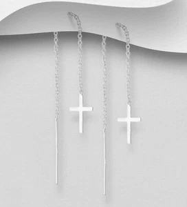 925 Sterling Silber Kreuz Durchzieher Ohrringe – Elegante Echtsilber Ohrhänger - Picture 1 of 1