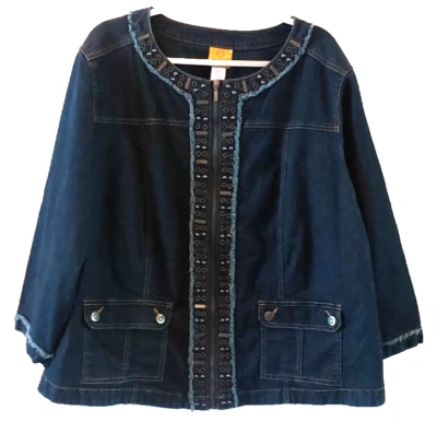 Ruby Rd Women's Denim Jacket Fringe Embellished Beaded Blue Jean Zip Up Size 24W - Image 1 of 4