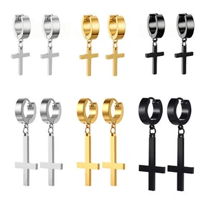 2pcs Inverted Upside Down Cross Stainless Steel Earrings for Men Women Hoop Stud - Picture 1 of 22