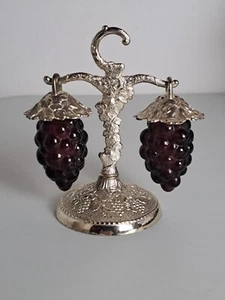 Hanging Purple Glass Grapes Salt & Pepper Shakers Silver Metal Stand- JAPAN - Picture 1 of 11