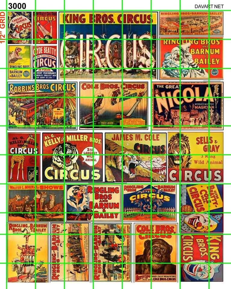 3000 DAVE'S DECALS CIRCUS SET 1 - WATERSLIDE DECALS GREEN GRID 1/2" SIZE - Image 1 of 4