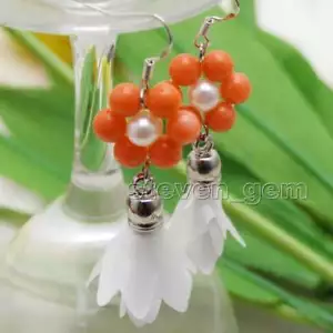 SALE 6mm Pink Round Coral and White Silk Flower Tassel Dangle Earring-ear594 - Picture 1 of 5