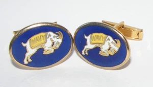 Vintage MARINEBLAU Bill the Goat Maskottchen Logo Emaille & goldfarbene Metall Manschettenknöpfe Militär - Bild 1 von 6