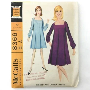 1960s McCall's 8366 Pattern Box Pleated Square Neck Swing Tent Dress Jr Size 9 - Picture 1 of 11