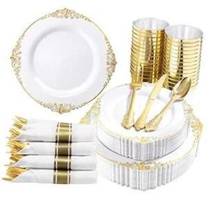 350PCS Plastic Plates - Plastic Dinnerware Sets for 50 Guests - 100 Gold - Picture 1 of 7