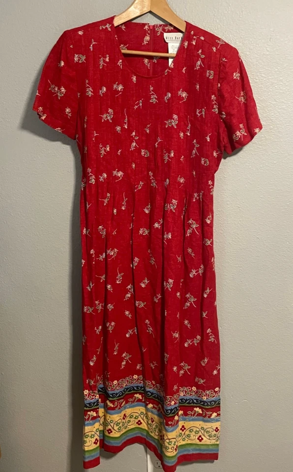 VTG Miss Dorby Womens Dress Size 12 Red Floral Linen Blend Pleated Cottagecore - Image 1 of 4