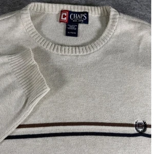 Chaps Herren Pullover Creme Baumwolle XL Gestreift Wappen Logo Rundhals Langarm - Bild 1 von 14