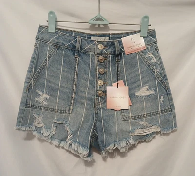 Pantalones Cortos Denim Happily Gris Super Alto Rise Cuña 3/26 Azul Rayas Botón Frontal Foto 1 de 4