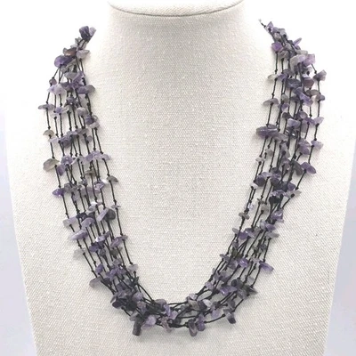 Ожерелье из нескольких нитей с натуральным аметистом многослойное богемное ремесленное заявление 20 дюймов - Изображение 1 из 4
