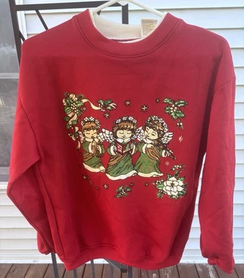 BASIC EDITIONS womens Small Red Christmas Sweatshirt Angels Vintage - Image 1 of 4