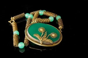 ALTER ART DECO TSCHECHISCHER CHRYSOPRAS GLAS WIRBEL MESSING COLLIER HALSKETTE (06081413) - Bild 1 von 1