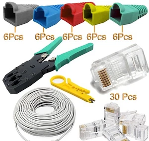 Kit d'outils câble/connecteurs/bottes/coupe/sertissage réseau Ethernet 30 m RJ45 Cat5e - Photo 1/5