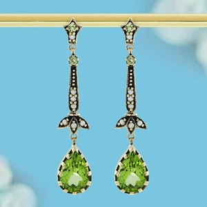 9K Yellow Gold Natural Peridot and Pearl  Vintage Style Floral Earrings - Picture 1 of 7