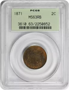 1871 Two Cent Piece MS63RB PCGS - Picture 1 of 2