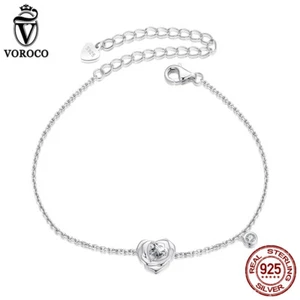 Voroco Unique 925 Sterling Silver Heart Rose CZ Bracelet Women Girl Gift Jewelry - Picture 1 of 18