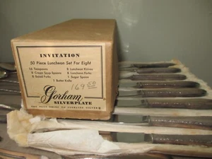1940er Gorham Einladung Silberauflage 50-teiliges Set Service für 8 in Box mit Patina - Bild 1 von 15