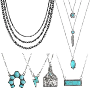 6PCS Western Necklaces for Women Layered Navajo Pearl Necklace Turquoise Cow Lig - Picture 1 of 8