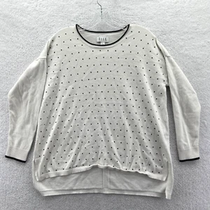 Elle Sweater Womens Large White Pullover Black Spotted Crew Neck Top Long Sleeve - Picture 1 of 12