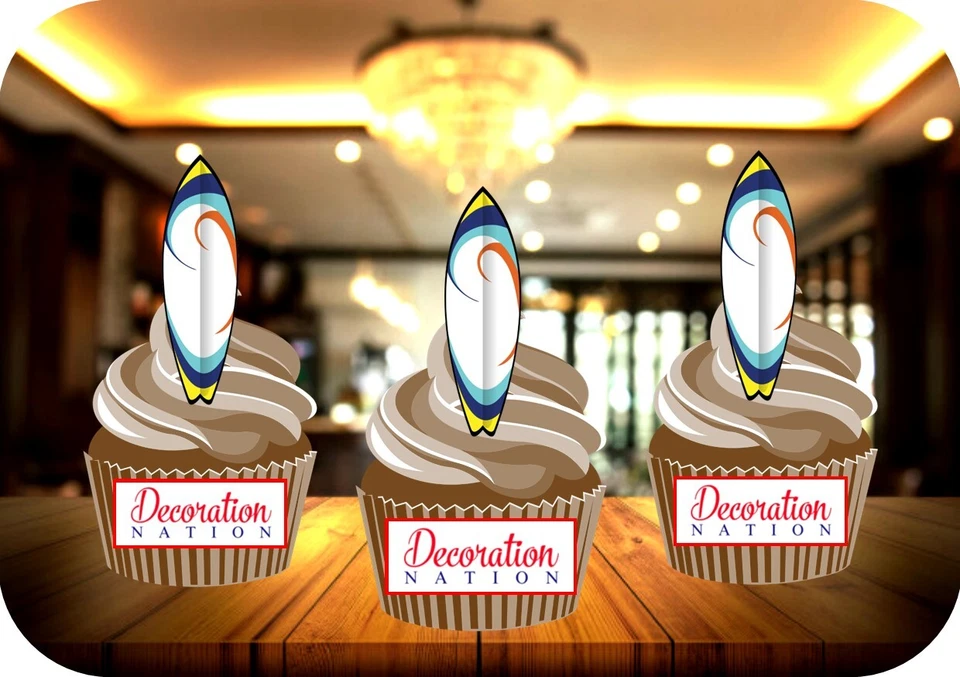 Surfboard Blue - 12 PREMIUM STAND UP Edible Wafer Cake Toppers Sea Surfing Ocean - Image 1 of 1