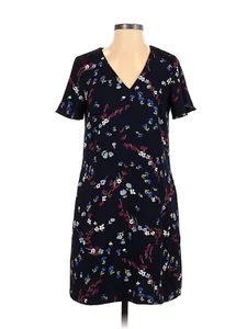 Ann Taylor Dress Small PETITE Navy Blue Floral Shift V Neck Lace Trim Shoulders - Picture 1 of 7
