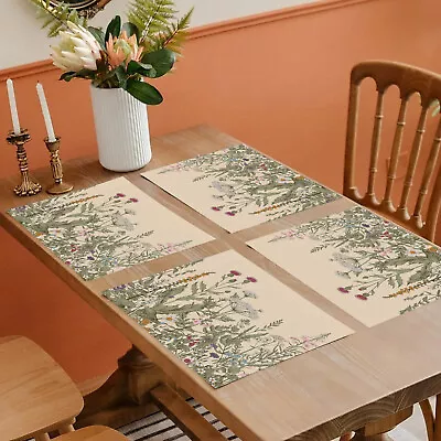 Pink Wildflower Beige Place Mats Set of 4 Printed Fabric Placemats Dining Table - Image 1 of 4