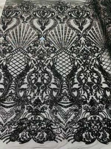 Black Damask Design Sequin Fabric On a Mesh 4 Way Stretch Mesh Lace By The Yard - Picture 1 of 7