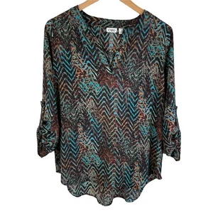 CATO Women's Roll Tab Sleeve Work Blouse Top Abstract Print Turquoise Small Boho - Picture 1 of 8