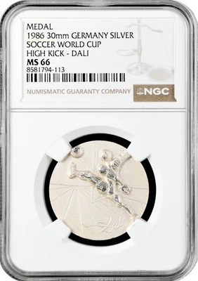 Germany silver medal 1986, NGC MS66, "Soccer World Cup, Dali - High Kick"Top Pop - Image 1 of 2