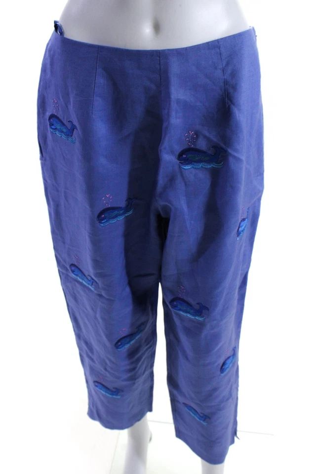 Pantalones de lino recortados de ballena bordados tiro alto azul talla 12 CJ Laing para mujer Foto 1 de 4