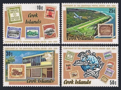 Cook Isls 408-411, 411a, MNH. Mi 424-427, Bl.38. UPU-100,1974. Stamp/stamp,Ships - Image 1 of 2