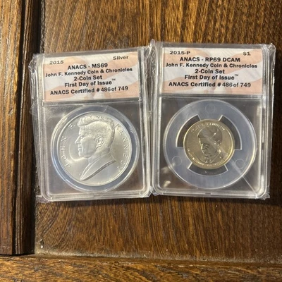 2015 JOHN F KENNEDY 2 PC SET ✪ ANACS 69 ✪ RP MS COIN & CHRONICLES FDOI  - Image 1 of 4