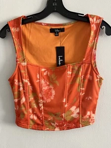 Lulu's Scoop Neck Corset Style Crop Tank Top Orange floral, Size Medium NWT - Picture 1 of 4