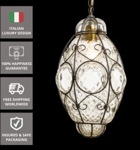 Murano Lantern TIZIANO w/Blown Glass Ceiling Light inside wrought iron cage Cover
